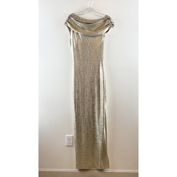 Rachel Roy Asymmetrical Off Shoulder Maxi Slit Gown Dress Gold Metallic 6 - Picture 4 of 13